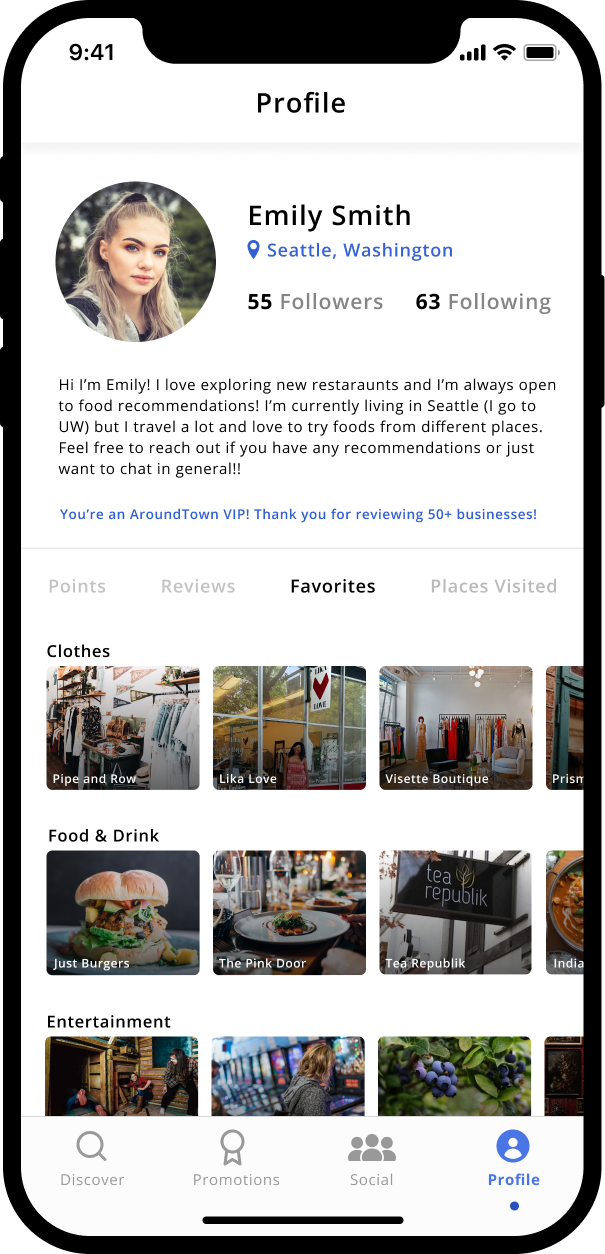Around Town high-fidelity profile favorites screen